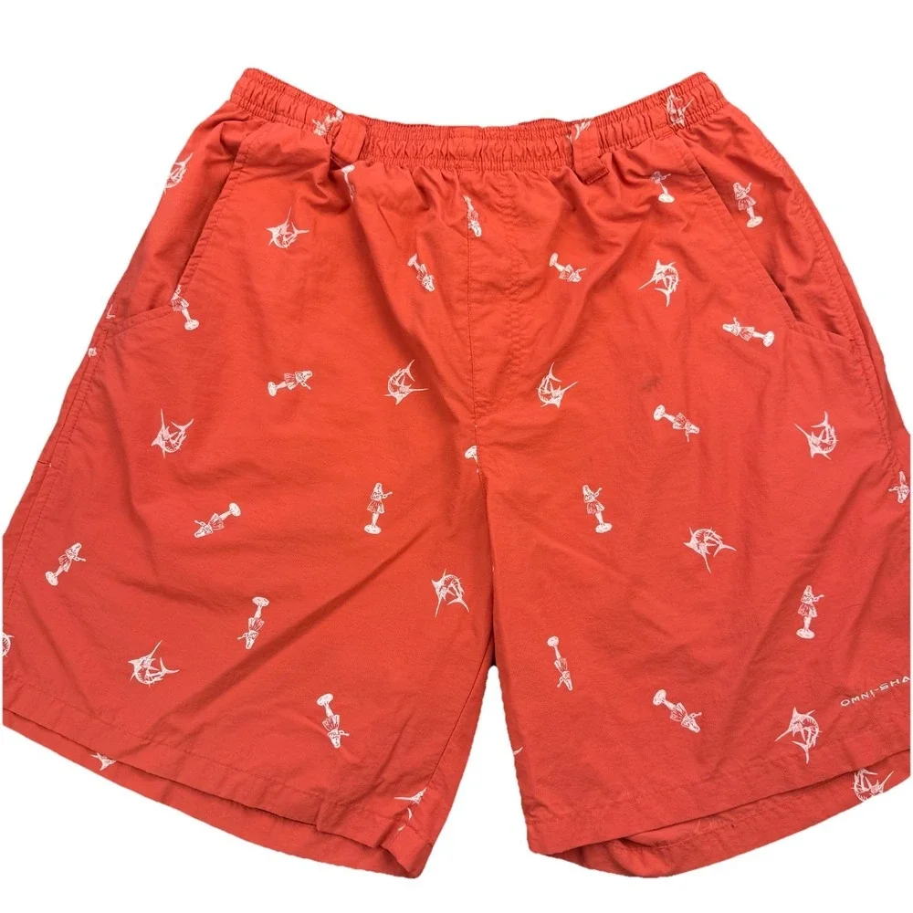 Columbia Peach Swordfish Print Swim Shorts Omni Shade Lined Men's M Beach Marine